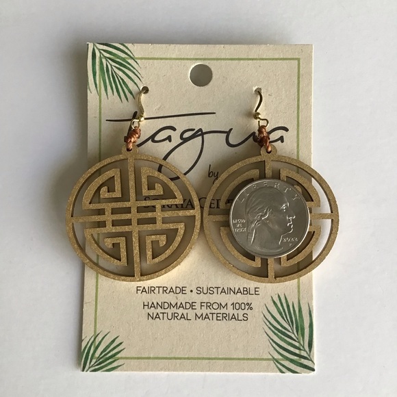 NEW Medallion Earrings Asian-Style Matte Gold Open Work Tagua Nut Lightweight - Picture 9 of 15